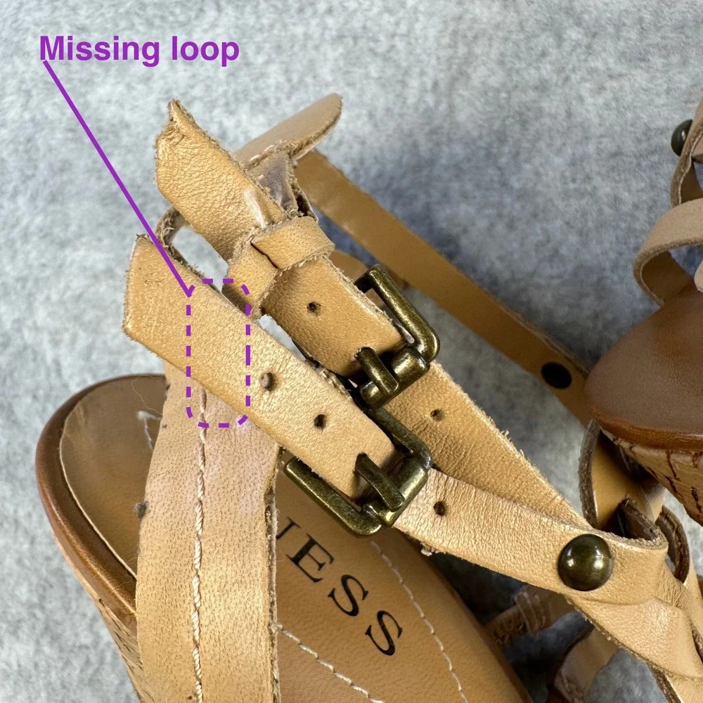 Guess Gladiator Tan Leather Cork Platform Wedge Strappy Sandals Women 9M Studded